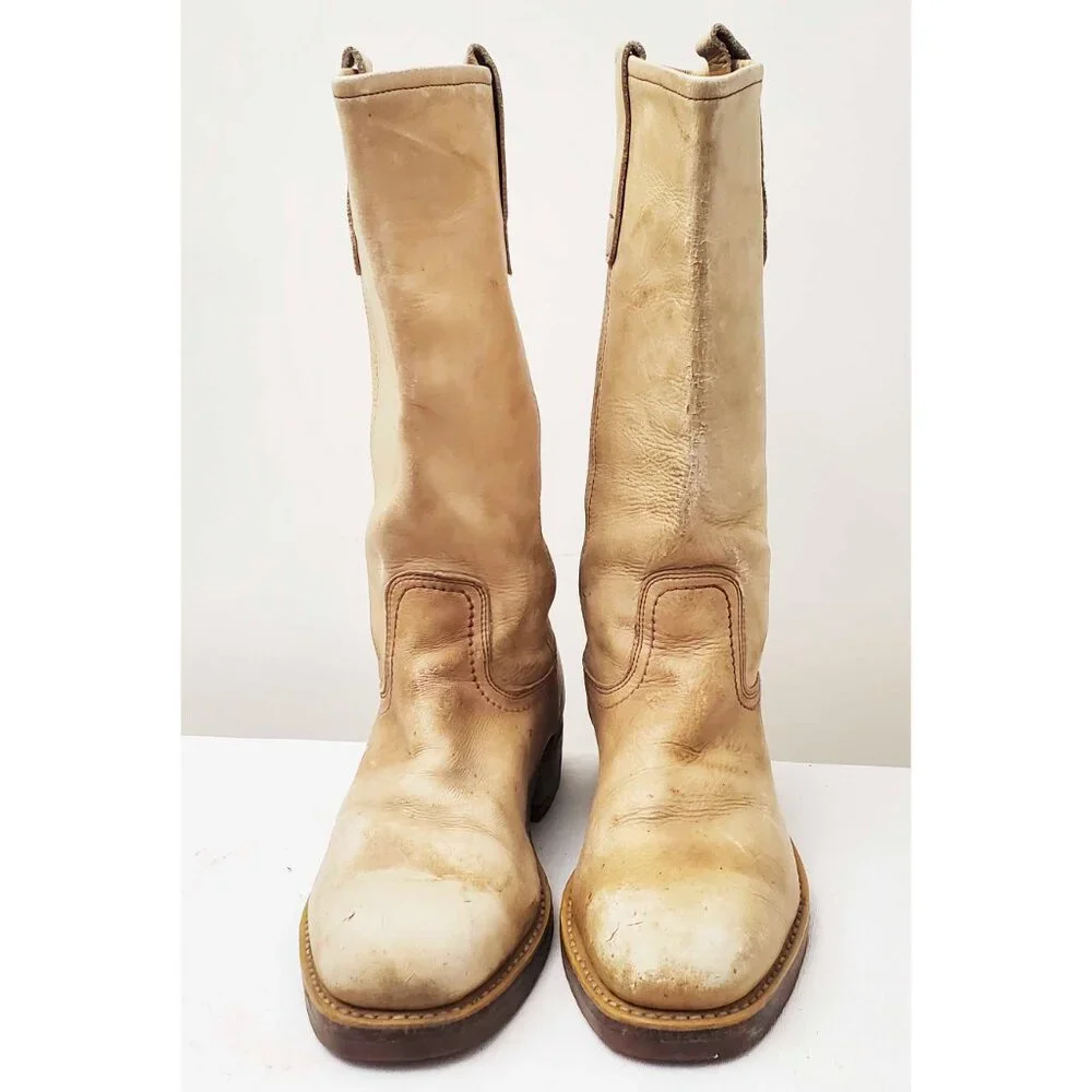 Vtg 1970's Men's Steel-Toe Engineer Rugged Workwear BONE COLOR Boots 7.5 D